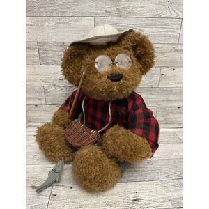 Fisherman Fishing Grandpa Bear Plush w/ Basket Stuffed Animal Plaid Shirt